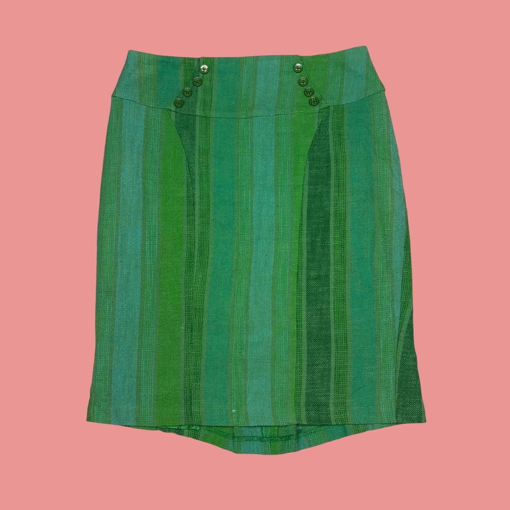 Eva Franco Green Striped Pencil Skirt Button Detail Size 6 Made in USA